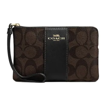 COACH Corner Zip Coated Canvas With Recycled Leather Clutch Small Size Women's Brown Black