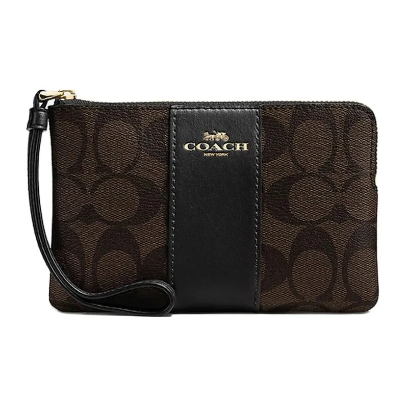 COACH Corner Zip Coated Canvas With Recycled Leather Clutch Small Size Women's Brown Black-0