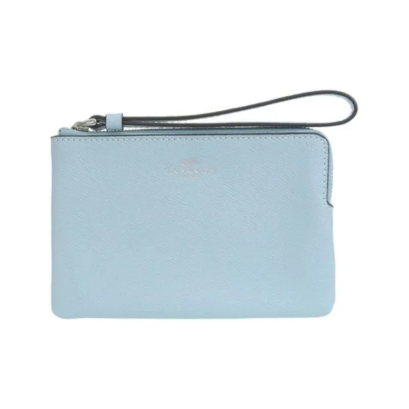 COACH Corner Zip Leather Coin Purse Wrist Bag Clutch Women's Haze Blue-1