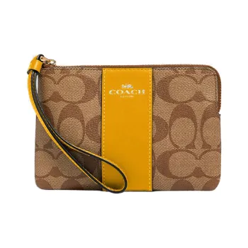 COACH Corner Zip Signature Coated Canvas With Twill Leather Detail Wrist Bags Clutches Small Size Women's Khaki & Ochre