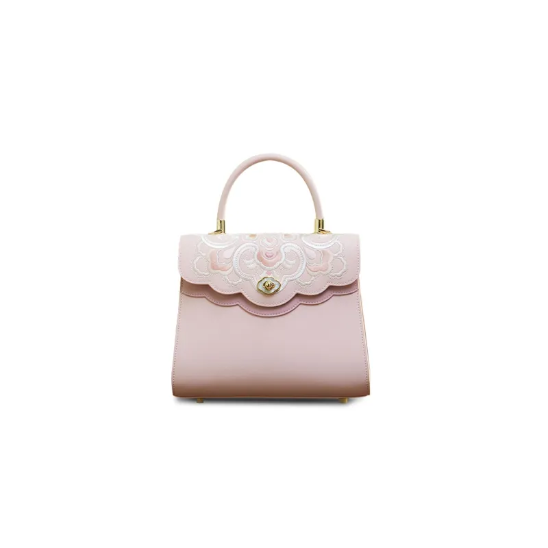 Pmsi Cow Leather Portable One Shoulder Handbag, Crossbody Bag Trumpets Women's Pink/Light Blue-1