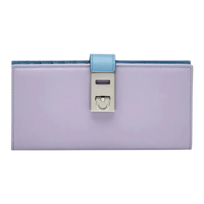 FERRAGAMO GANCINI Calfskin Wallet Women's New Light Purple With Sky Blue-0