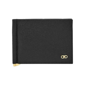 FERRAGAMO GANCINI Embossed Calfskin With Hammered Leather Card Holder Men's Black