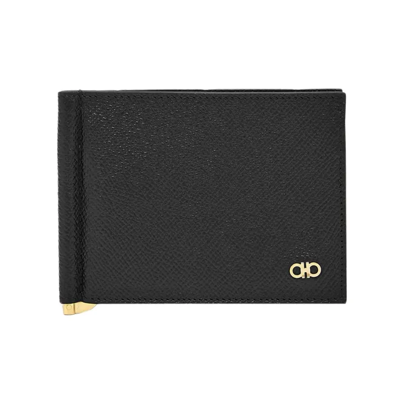 FERRAGAMO GANCINI Embossed Calfskin With Hammered Leather Card Holder Men's Black-0