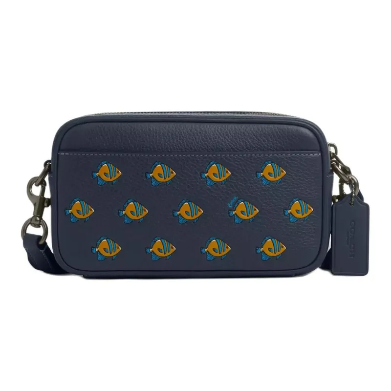COACH Refined Pebbled Leather With Smooth Calfskin Shoulder Bag, Crossbody Bag Small Size Men's Bronze Denim Multicolor-0