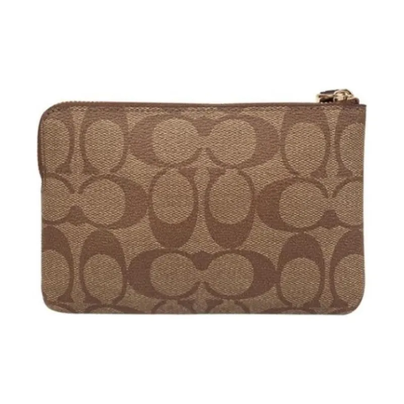 COACH Corner Zip Canvas With Leather Coin Purse Wrist Bag Clutch Women's Dark Brown-1