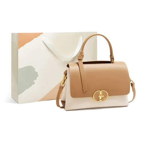 15 MINS Cow Leather Handbag Women's Ecru & Apricot/Coffee