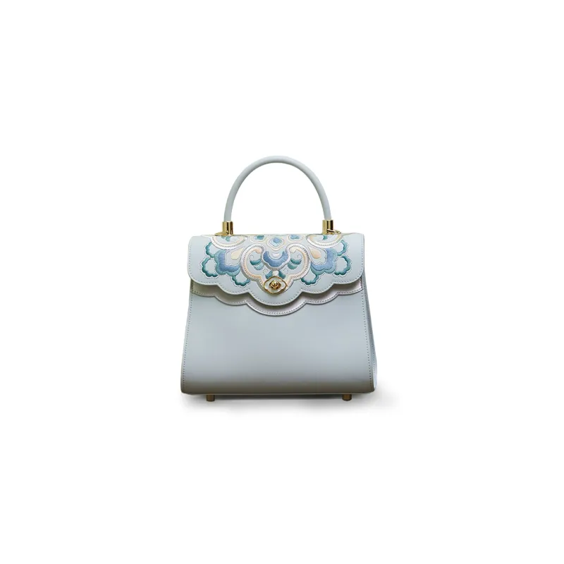 Pmsi Cow Leather Portable One Shoulder Handbag, Crossbody Bag Trumpets Women's Pink/Light Blue-5