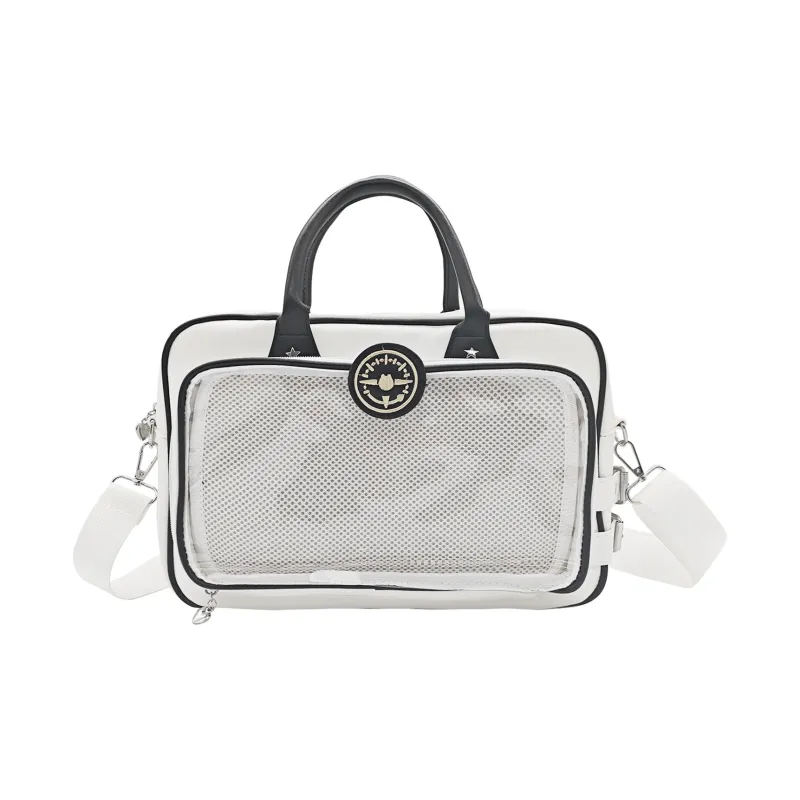 UNITE STAR PU Large Capacity Daily Tote Bag With Badge Beige One Shoulder Handbag Medium Size Women's Black/White-0