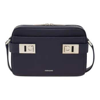 FERRAGAMO GANCINI Hammered Texture Calfskin Crossbody Bag, Shoulder Bag Men's Black