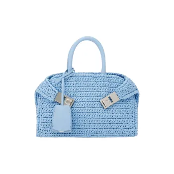 FERRAGAMO Raffia With Calfskin Handbag Mini Women's Sky Blue