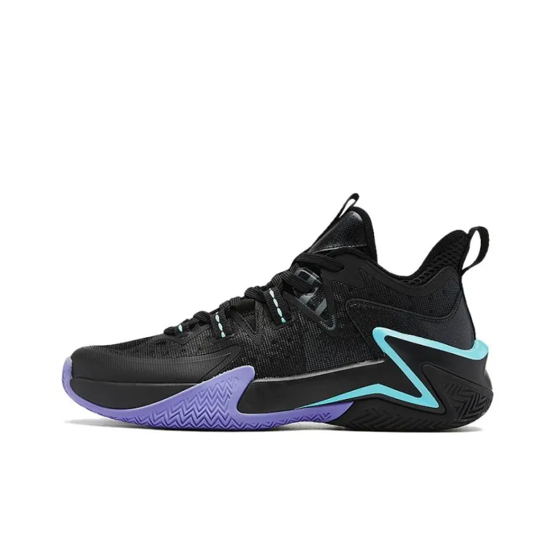 QIAODAN Slip Resistant Cushioning Wear Resistant High Top Basketball Shoes Men's Black Purple Blue-0