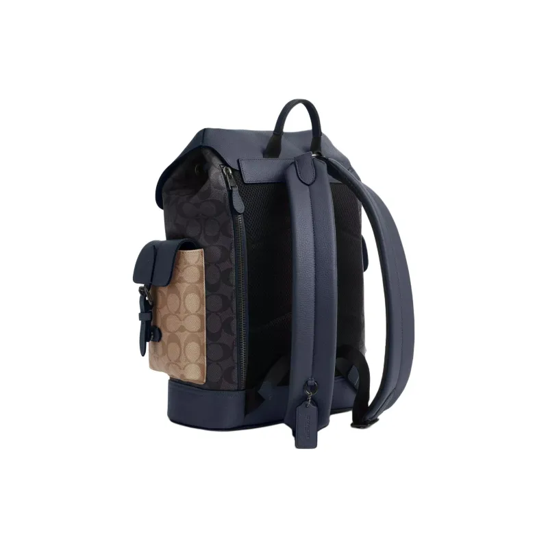 COACH Hudson Signature Coated Canvas With Leather Backpack Large Size Men's Charcoal Gray & Khaki & Denim-1