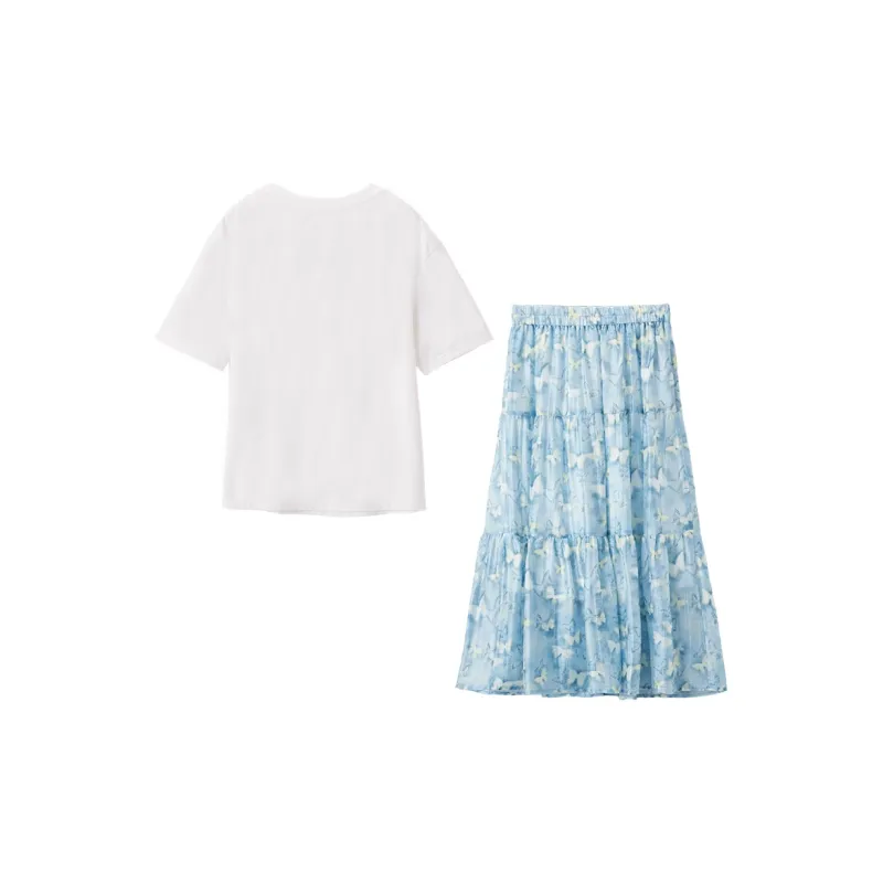 XIANGYING Two Piece Skirt Sets Women's White+Blue-1