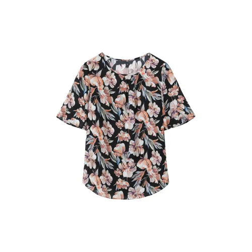 H-YXIANG T-Shirts Women's Black Background Watercolor Floral