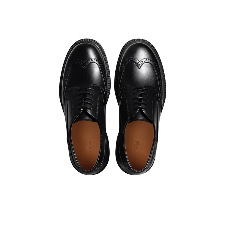 Zuti British Style Brogue Embroidered Derby Shoes Casual Shoes Men's Black-2