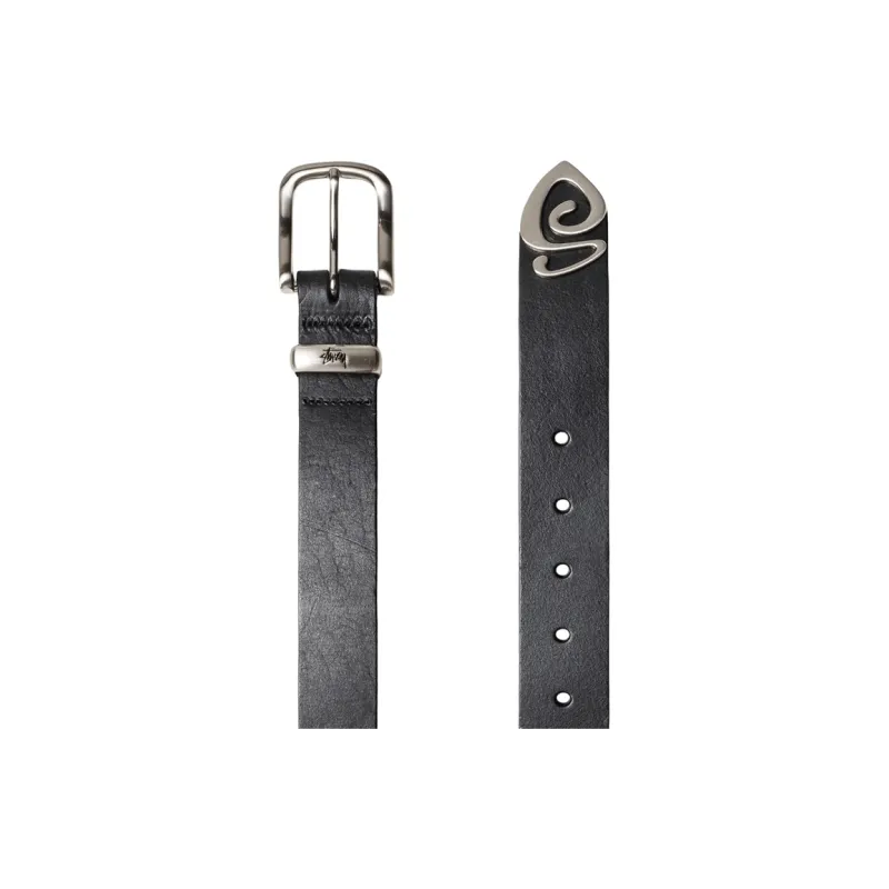 Stussy Badge Decoration Pin Buckle Leather Leather Belts Women's Black Width: 3.2CM-2