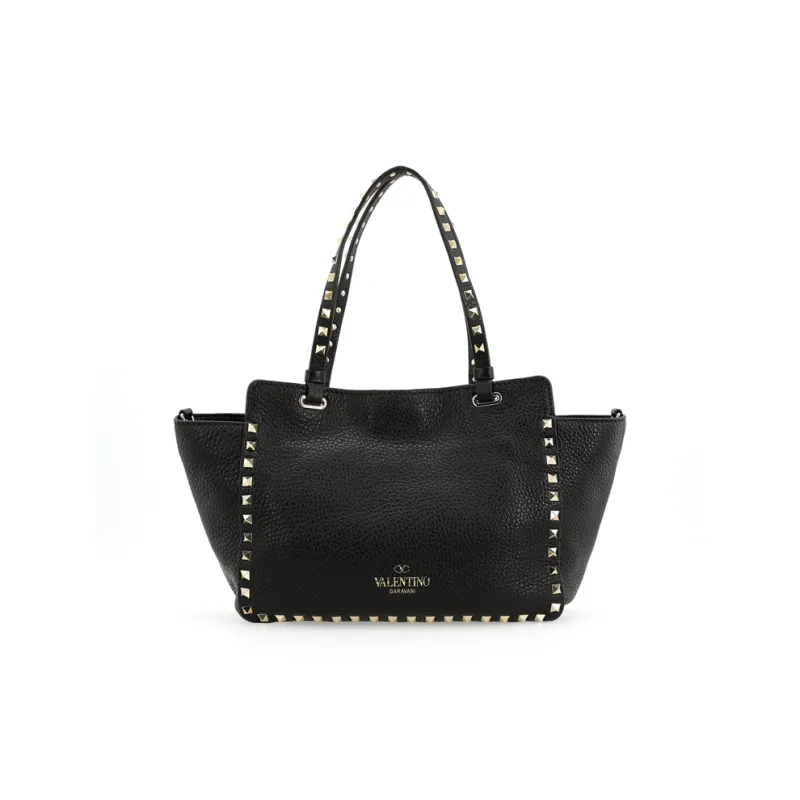 Valentino Rockstud Cow Leather Tote Shoulder Bag, Handbag Medium Size Women's Black-5
