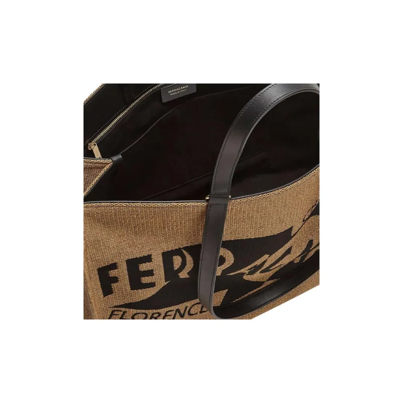 FERRAGAMO Raffia With Calfskin Tote Bag Shopping Bag Shoulder Bag Handbag Large Size Women's Honey & Black-3