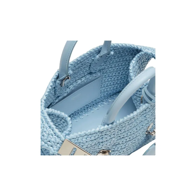 FERRAGAMO Raffia With Calfskin Handbag Mini Women's Sky Blue-4