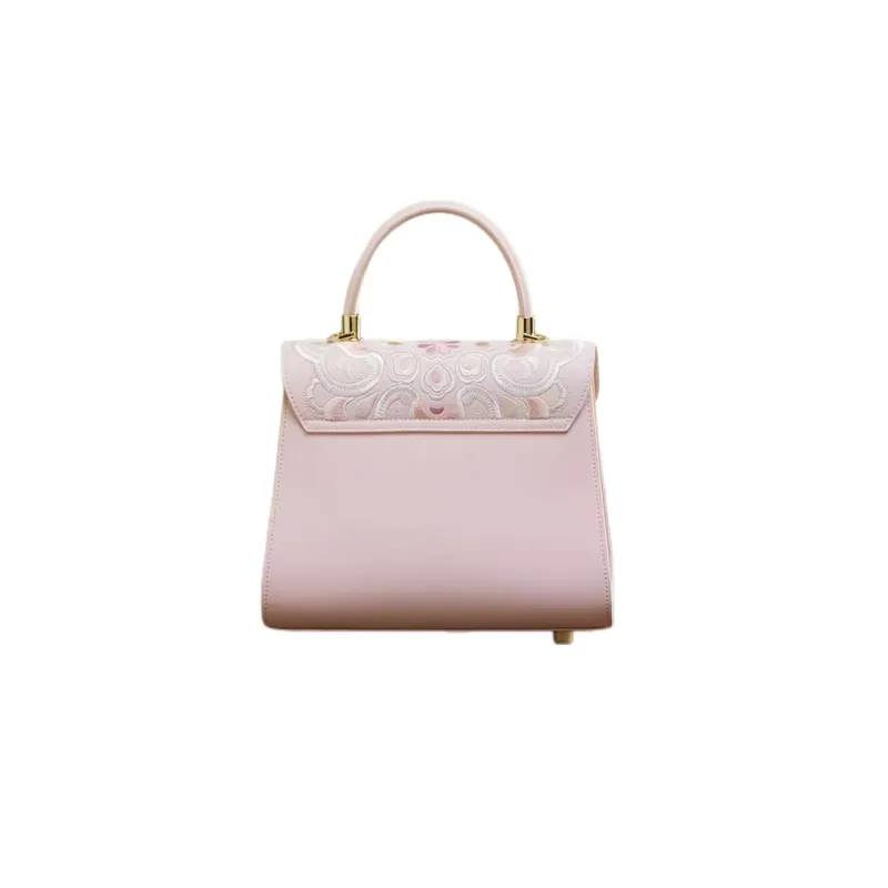 Pmsi Cow Leather Portable One Shoulder Handbag, Crossbody Bag Trumpets Women's Pink/Light Blue-3
