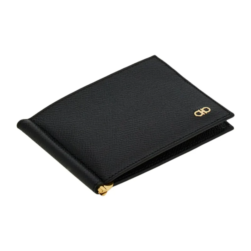 FERRAGAMO GANCINI Embossed Calfskin With Hammered Leather Card Holder Men's Black-3