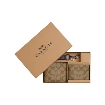 COACH Boxed Signature Coated Canvas Wallet Mini Men's Bronze & Khaki & Denim