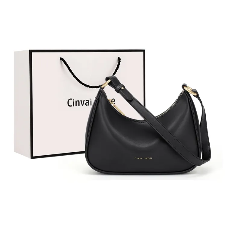 CinvaiKrose Cow Leather With Synthetic Leather Crescent Bag Shoulder Bag Small Size Women's Ecru/Black-7