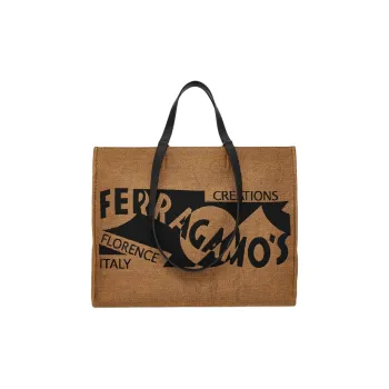 FERRAGAMO Raffia With Calfskin Tote Bag Shopping Bag Shoulder Bag Handbag Large Size Women's Honey & Black