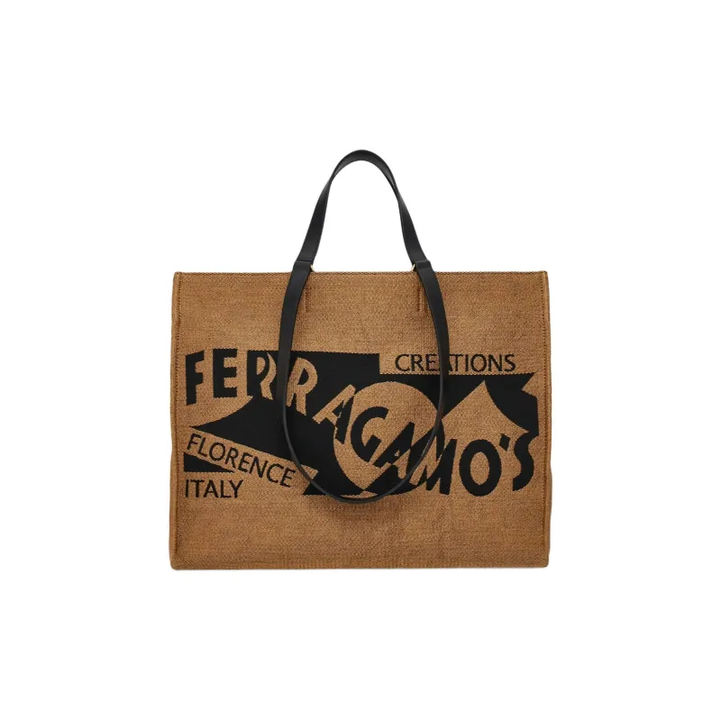 FERRAGAMO Raffia With Calfskin Tote Bag Shopping Bag Shoulder Bag Handbag Large Size Women's Honey & Black-0