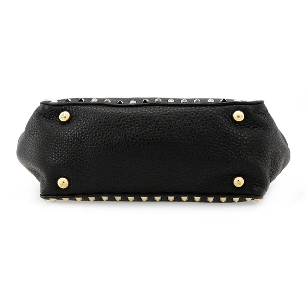 Valentino Rockstud Cow Leather Tote Shoulder Bag, Handbag Medium Size Women's Black-6
