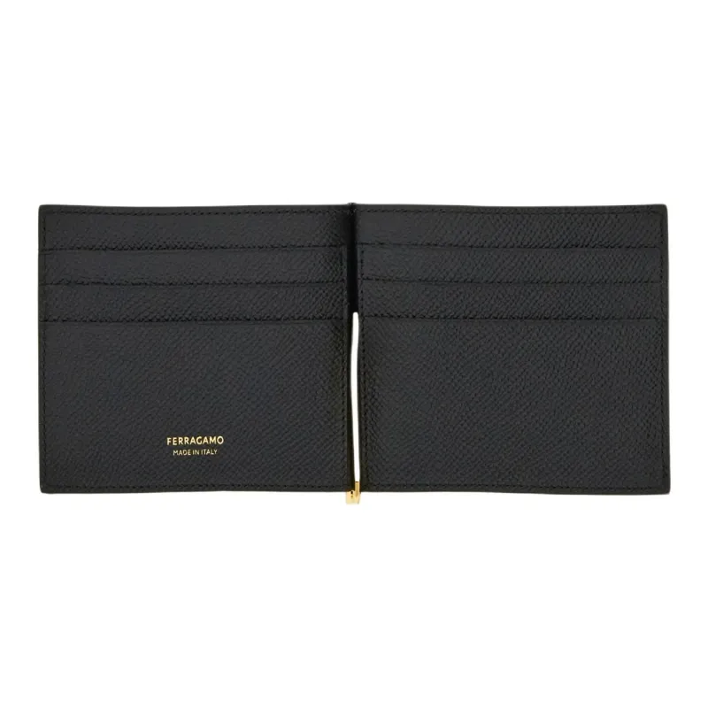 FERRAGAMO GANCINI Embossed Calfskin With Hammered Leather Card Holder Men's Black-2
