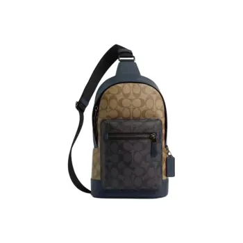 COACH West Leather Paneled Canvas Canvas Bag Fanny Pack Men's Charcoal Gray & Khaki & Denim
