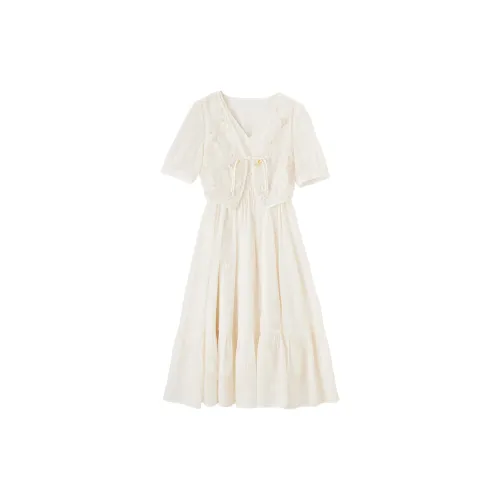 XIANGYING Short-Sleeved Dresses Women's Beige