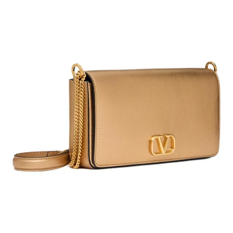 Valentino Vlogo Grained Calfskin Shoulder Bag Crossbody Bag Women's Vintage Yellow Copper-1