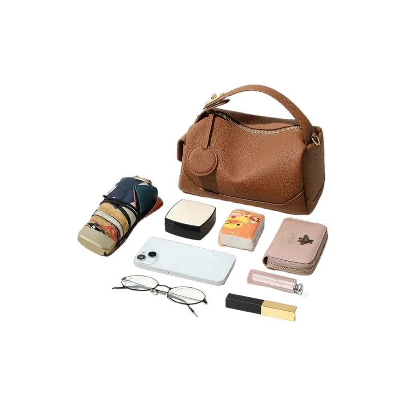 PESASRIE Cow Leather Handbag Shoulder Bag Crossbody Bag Women's Brown-4