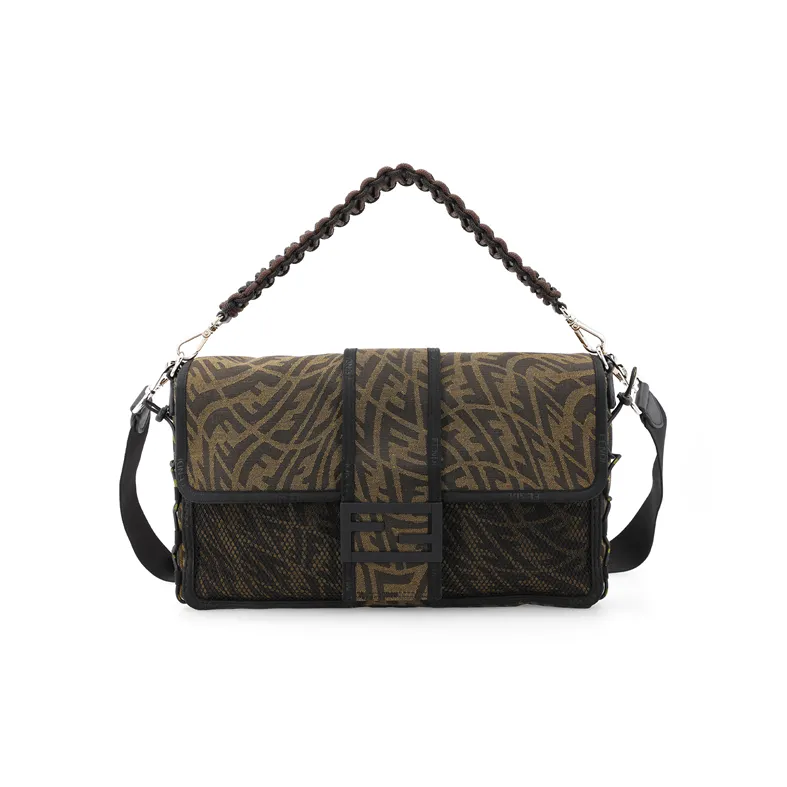 FENDI Baguette Canvas With Leather Baguette Bag Handbag Shoulder Bag Crossbody Bag Large Size Men's Brown-1