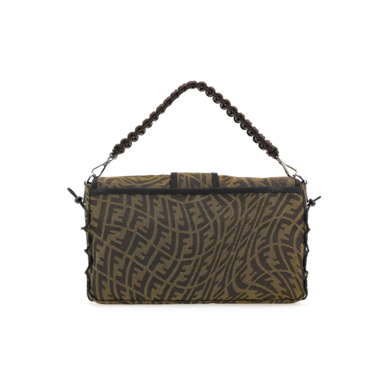 FENDI Baguette Canvas With Leather Baguette Bag Handbag Shoulder Bag Crossbody Bag Large Size Men's Brown-5