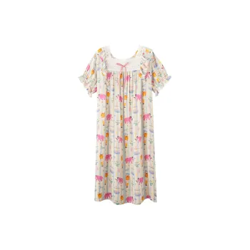Wabi Town 100% Cotton Short-Sleeved Cartoon Home Nightgown For Spring And Summer Women's Multicolor