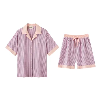 Wabi Town 100% Cotton Short-Sleeved Spring Summer Minimalist Style Niche Loungewear & Sleepwear Set Women's Pink