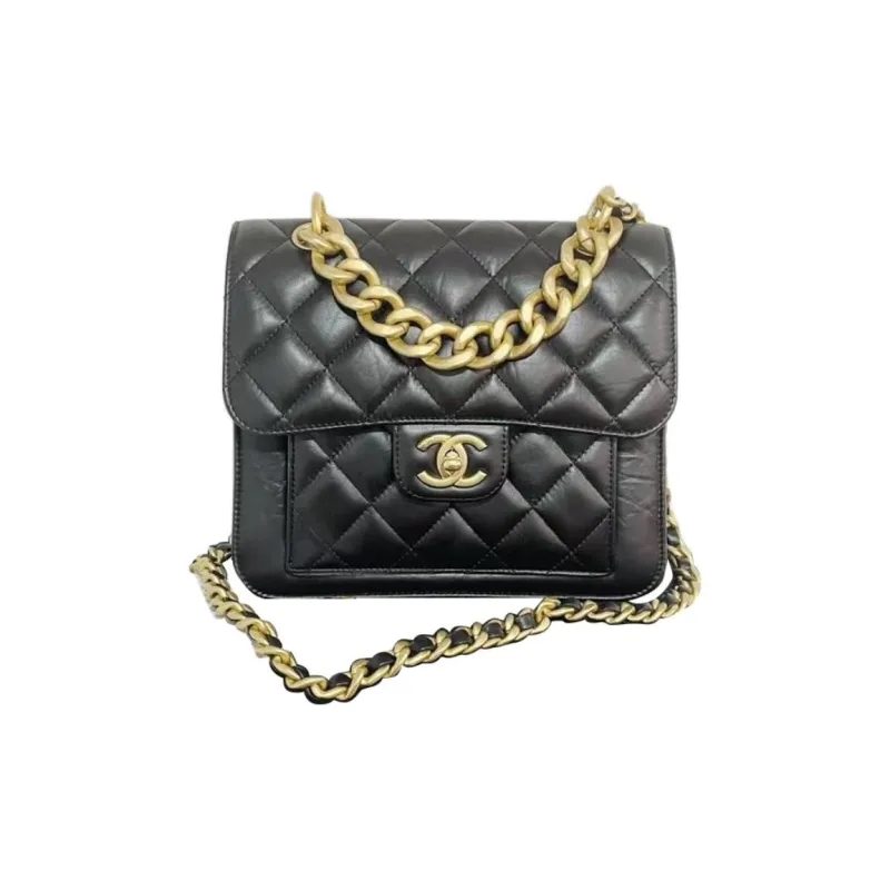 CHANEL Leather Flap Bag, Messenger Bag, Crossbody Bag, Shoulder Bag Medium Size Unisex Black-0