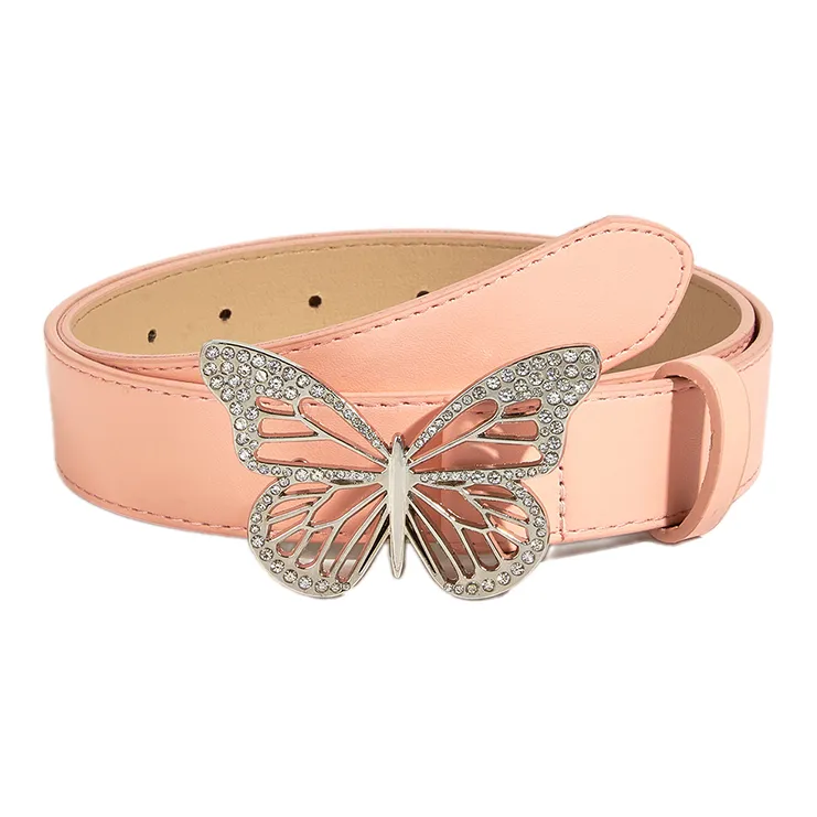 FUO Punk Style Metal Dynamic Rhinestone Butterfly Snap Closure Vintage Belt PU Leather Belts Women's Width 3.3cm-9