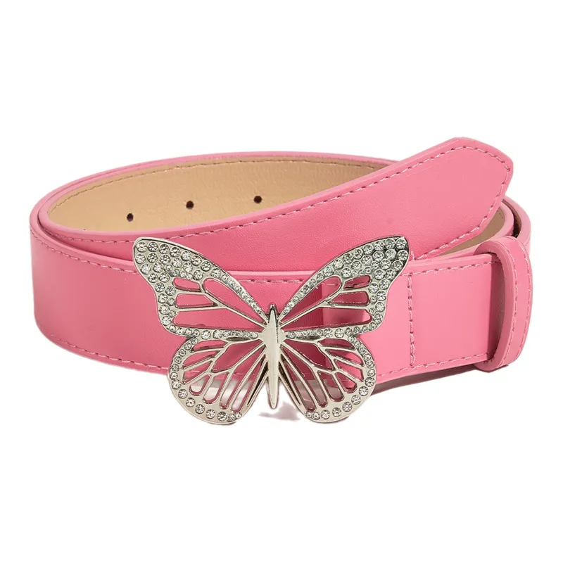 FUO Punk Style Metal Dynamic Rhinestone Butterfly Snap Closure Vintage Belt PU Leather Belts Women's Width 3.3cm-5