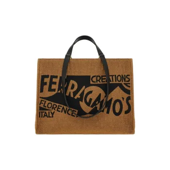 FERRAGAMO Raffia And Cotton Tote Bag Shopping Bag Handbag Medium Size Women's Honey & Black