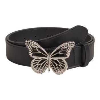 FUO Punk Style Metal Dynamic Rhinestone Butterfly Snap Closure Vintage Belt PU Leather Belts Women's Width 3.3cm