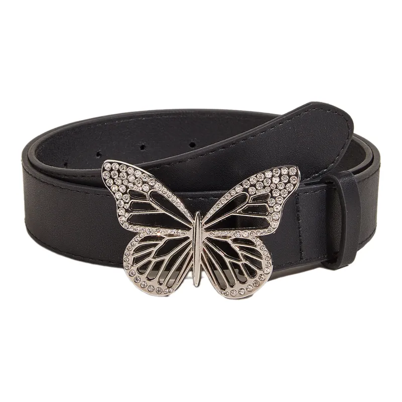 FUO Punk Style Metal Dynamic Rhinestone Butterfly Snap Closure Vintage Belt PU Leather Belts Women's Width 3.3cm-0