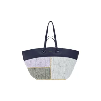 FERRAGAMO Raffia With Calfskin Tote Bag, Shopping Bag, Handbag Large Size Women's Midnight Blue & Lavender & Straw