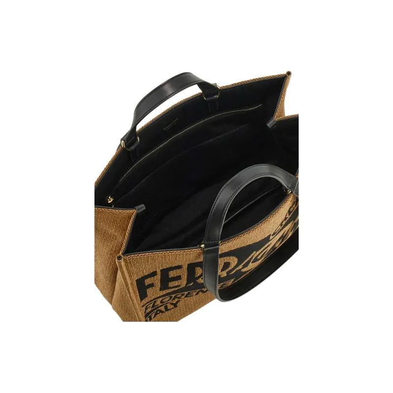 FERRAGAMO Raffia And Cotton Tote Bag Shopping Bag Handbag Medium Size Women's Honey & Black-3