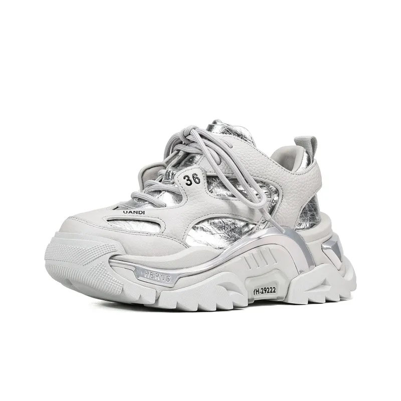 UanDi Cushioning, Slip Resistant, Abrasion Resistant, Height Increasing Low Top Chunky Sneakers Women's White Gray-4