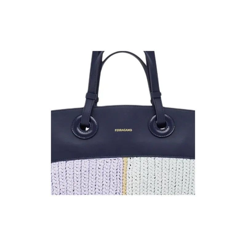 FERRAGAMO Raffia With Calfskin Tote Bag, Shopping Bag, Handbag Large Size Women's Midnight Blue & Lavender & Straw-3